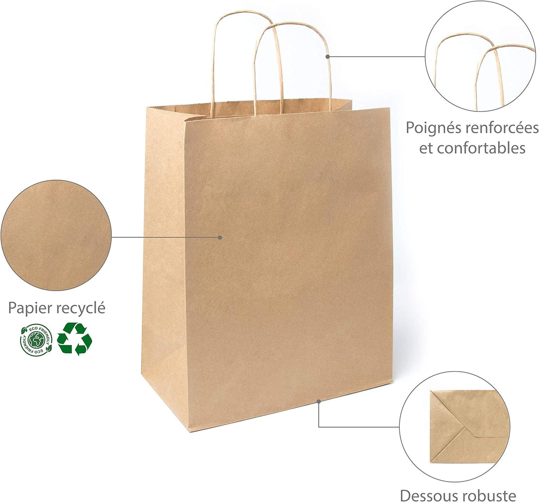 Extiff 50 braune Einkaufstaschen aus Kraftpapier mit Griffen, 26 x 14 x 32 cm, Einkaufstasche/Gesche