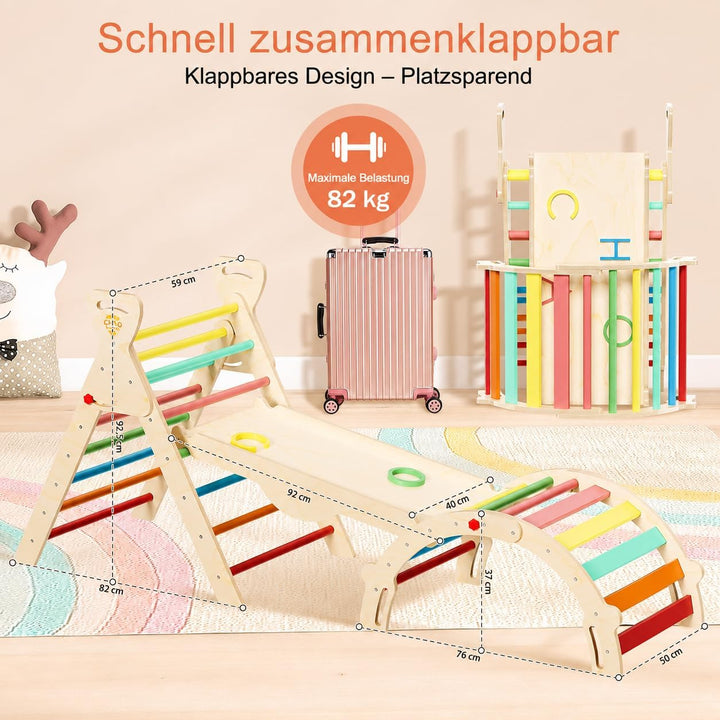 Pikler Dreieck 8-in-1 klappbar, Montessori Klettergerüst Indoor aus Holz mit Rutsche, Kletterbogen u