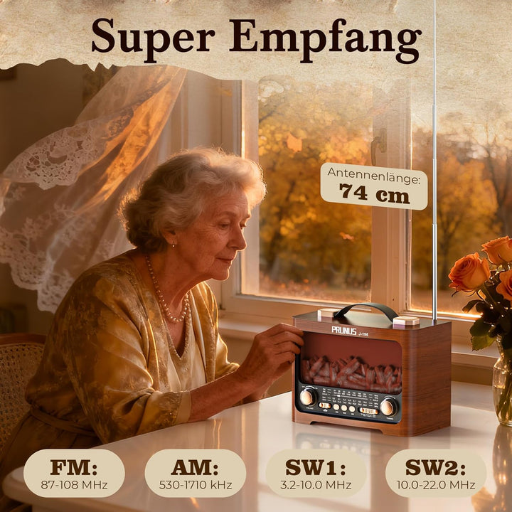 PRUNUS J-196 AM/FM/SW Retro Radio mit Bluetooth | Nostalgie Radio mit Akku 1800mAh | Transistorradio