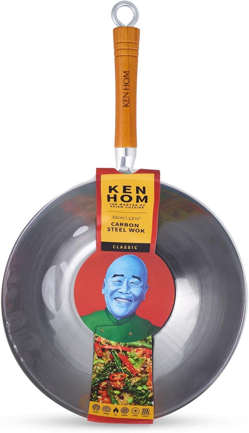 Ken Hom Wok Set 31 cm aus unbeschichtetem Karbonstahl mit Holzgriff - für alle Herdarten inklusive I