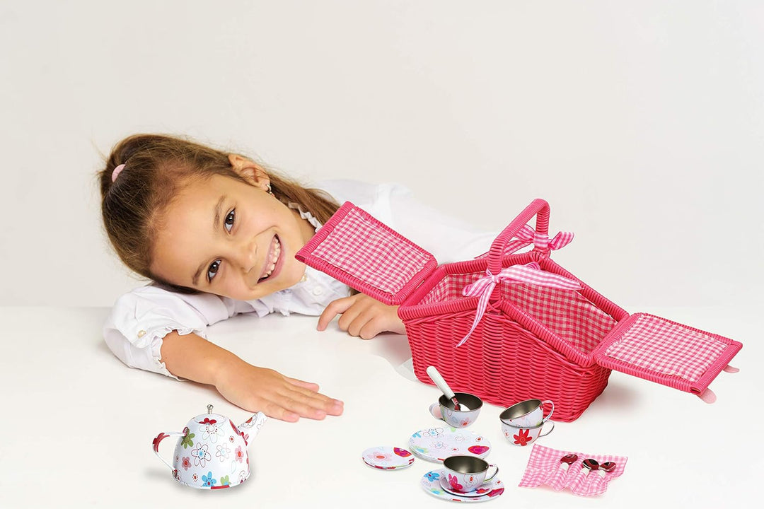 small foot Picknickkorb "Bunte Blumen" aus Rattan in Pink, mit Blechgeschirr in Blumenmuster, 20-tlg