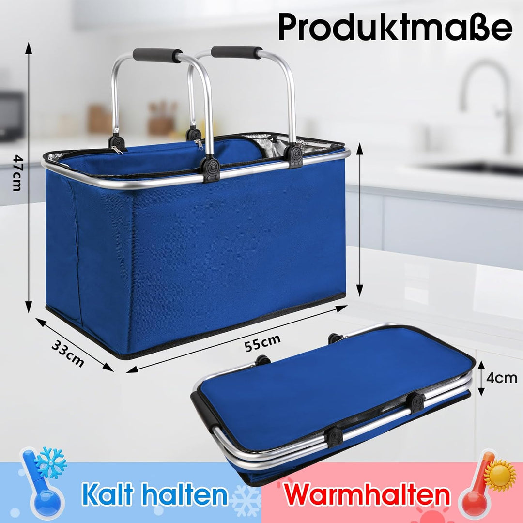 kühlkorb einkaufskorb 47L,Mit Reissverschluss isolierter, Faltbarer Picknickkorb,Klapprahmen aus Alu