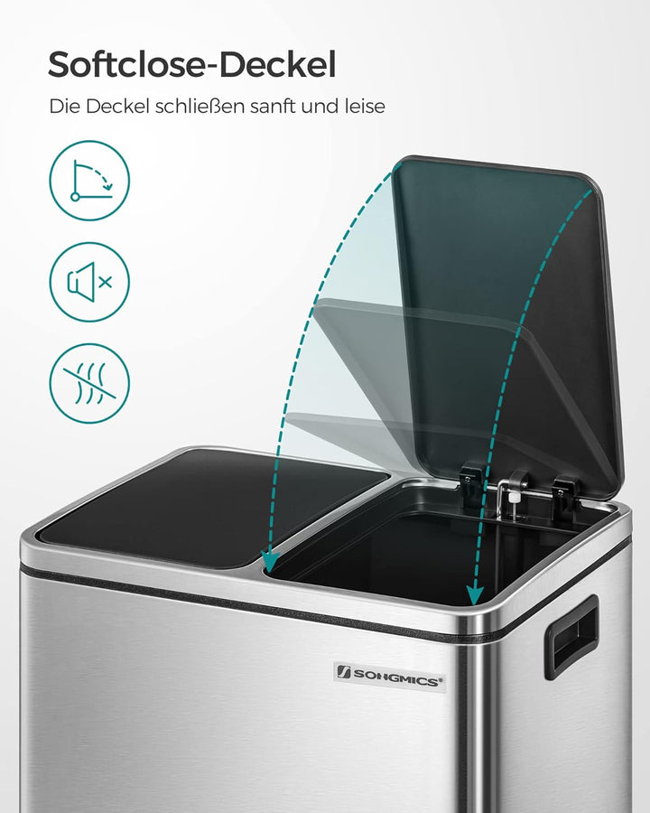 SONGMICS Mülleimer Küche, 2 x 15 L, Mülltrennsystem, Abfalleimer aus Metall, Treteimer mit Inneneime
