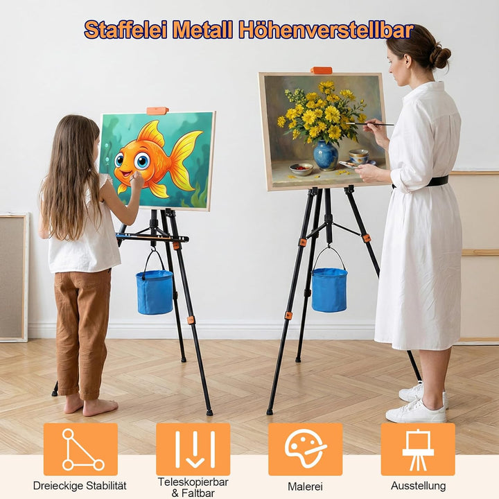 Staffelei Metall höhenverstellbar 52–155 cm, Faltbar Tragbare Kunst Malstaffelei Ständer mit Ablage