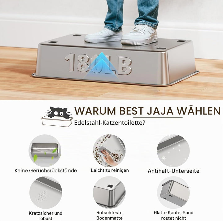 Edelstahl Katzenklo XXL aus V2A – 62 cm Geschlossene Katzentoilette mit 160° Klappdeckel, 3-in-1 Des
