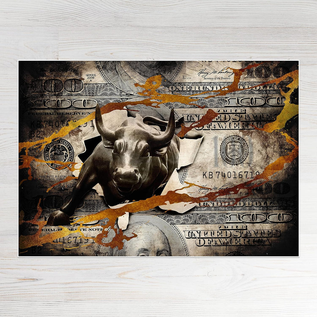 wandmotiv24 Poster als Wanddeko, Grösse 100x70cm, Stier stürmt durch Geldschein, Dollar, Geld, Tier,
