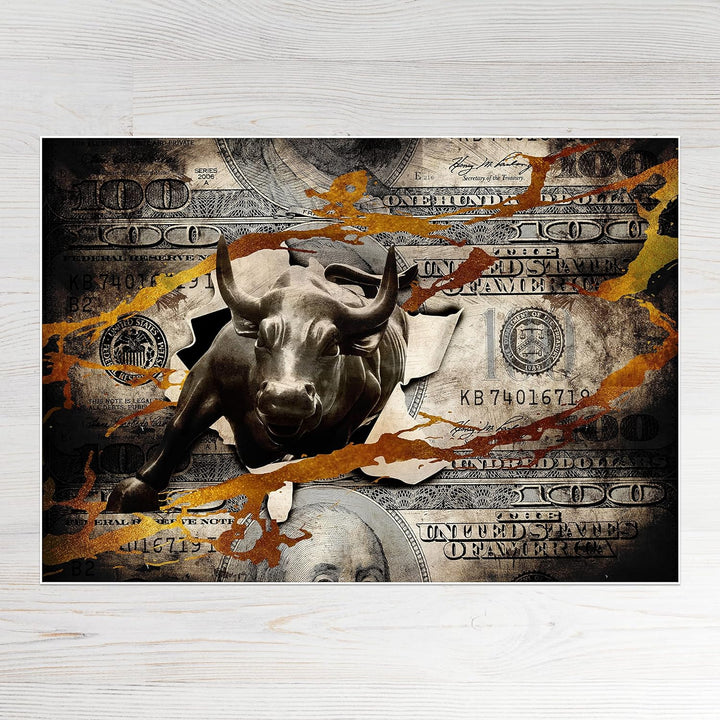 wandmotiv24 Poster als Wanddeko, Grösse 100x70cm, Stier stürmt durch Geldschein, Dollar, Geld, Tier,