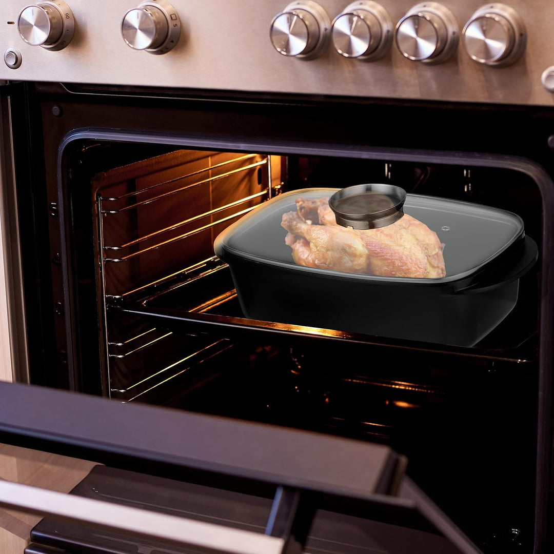 Relaxdays Bräter mit Deckel, Bratentopf 5 L, beschichteter Universalbräter mit Aromaknopf, Elektro-