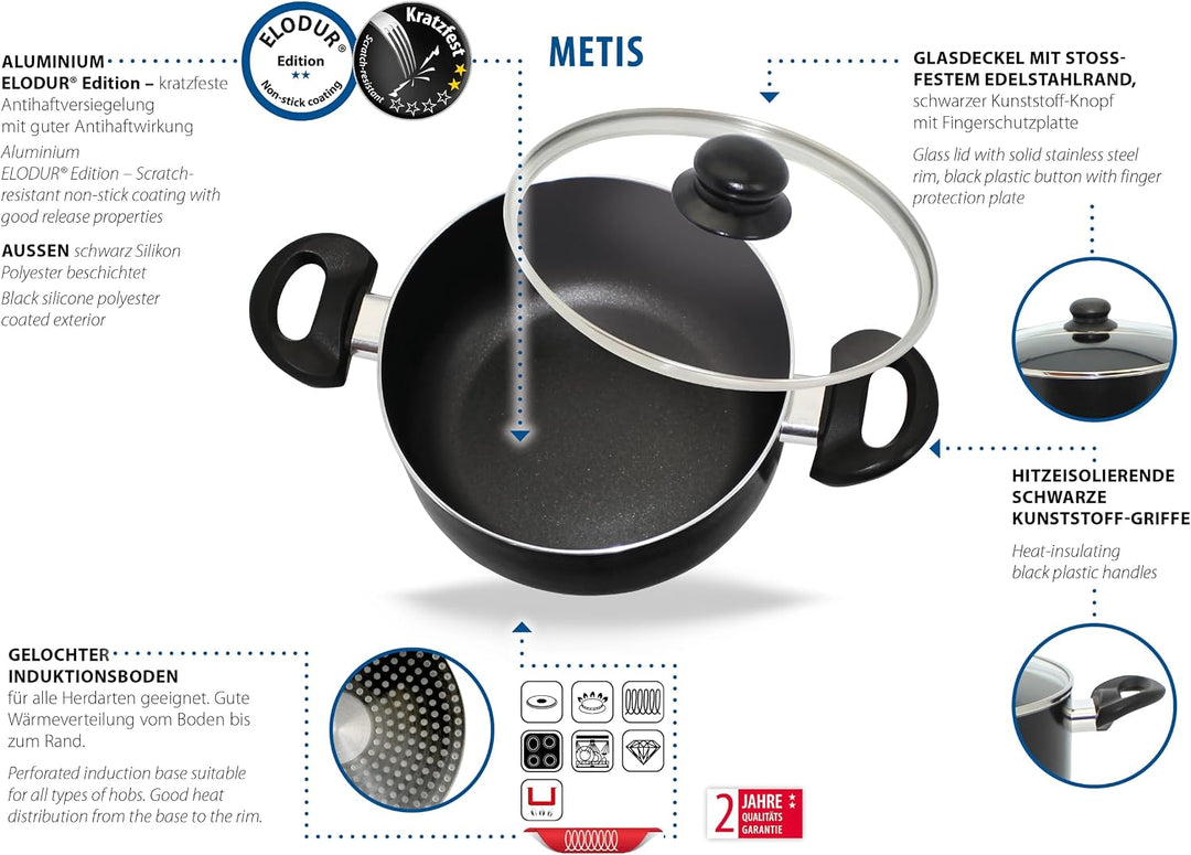 Topfset Metis 4 teilig, hochwertiges Aluminium, ELODUR® Edition Antihaftversiegelung, backofenfest u