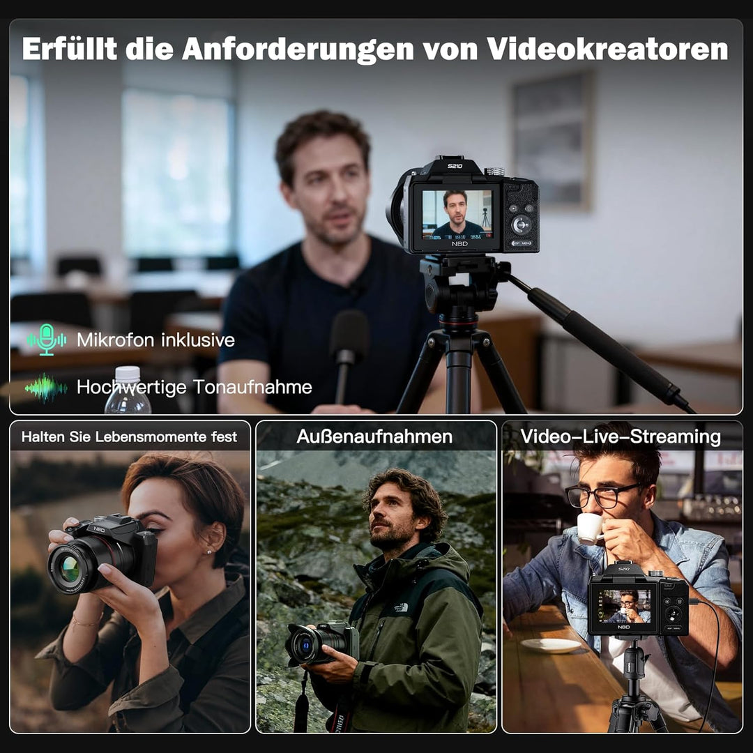 NBD 8K Digitalkamera 64MP mit 16X Optischem Zoom & Hot Shoe, 3" 180° Drehdisplay, Wi-Fi, v. 64GB TF-
