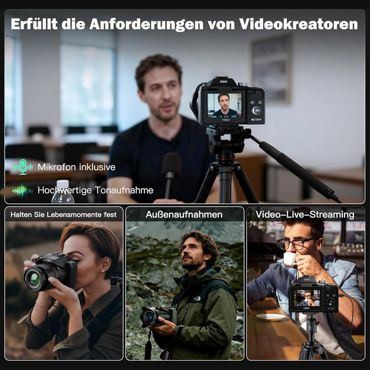 NBD 8K Digitalkamera 64MP mit 16X Optischem Zoom & Hot Shoe, 3" 180° Drehdisplay, Wi-Fi, v. 64GB TF-