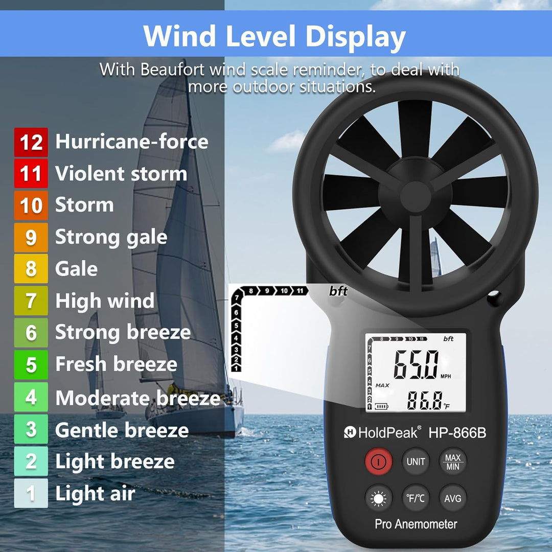 HoldPeak 866b Digitales Anemometer Wind Speed Meter für Measuring Wind Speed, Temperatur und Wind Ch