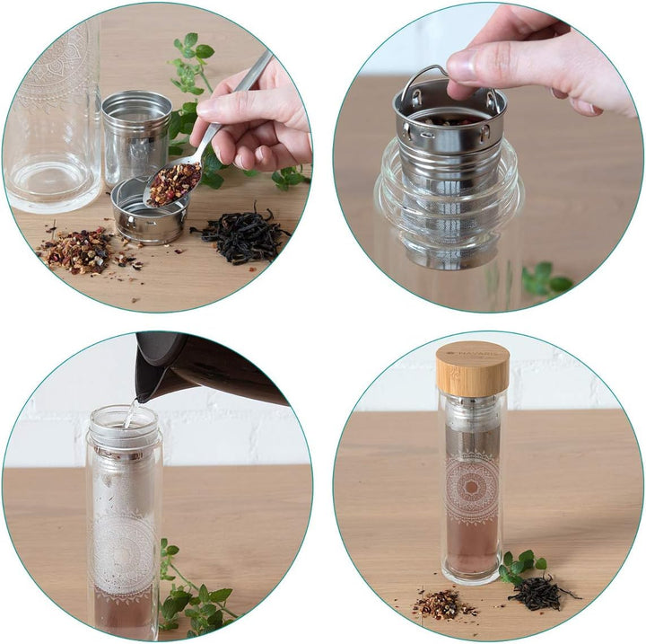 Navaris Teeflasche aus Glas mit Sieb - 500ml Tee Flasche Teekanne to go - Trinkflasche Indische Sonn