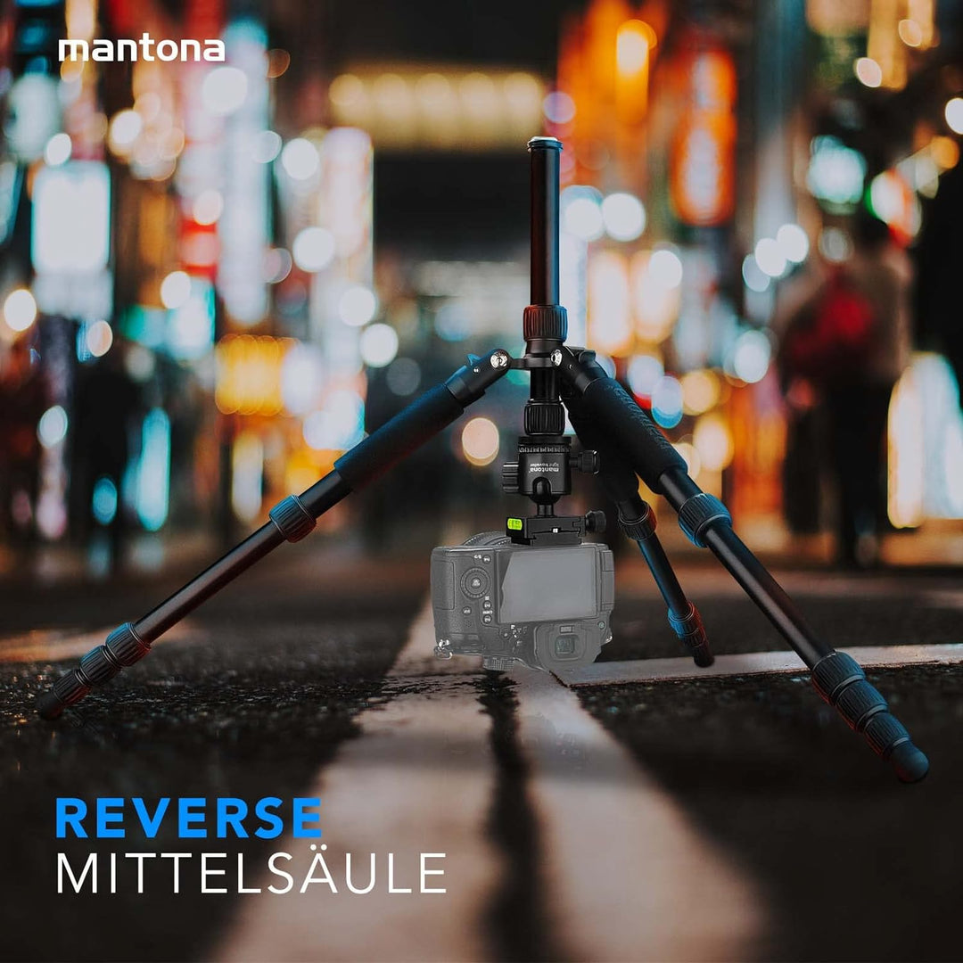 mantona Reisestativ Light Traveller, stabiles Aluminium I leichtes Kamera-Stativ , Kugelkopf + Wechs