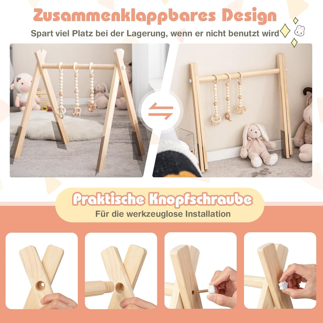 COSTWAY Baby Spielbogen Holz, Spieltrapez klappbar, Baby Gym mit 3 abnehmbaren Kinderspielzeugen, Sp