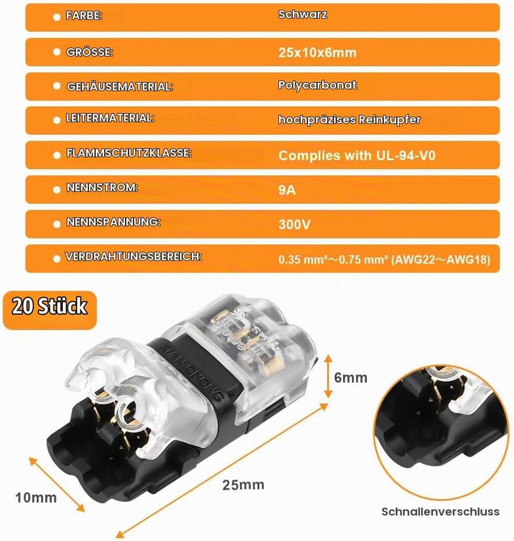 Flintronic 20 Stück H Verbinder, Niederspannung T Hahn Kabelverbinder, 2 Pin 2 Wege Kabelverbinder,