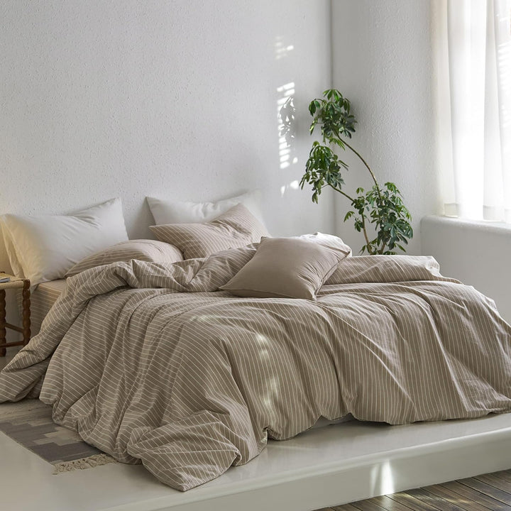 Sedefen Bettwäsche 200x220 cm Baumwolle Khaki Taupe Gestreift Baumwollbettwäsche Set,Renforce Bettbe