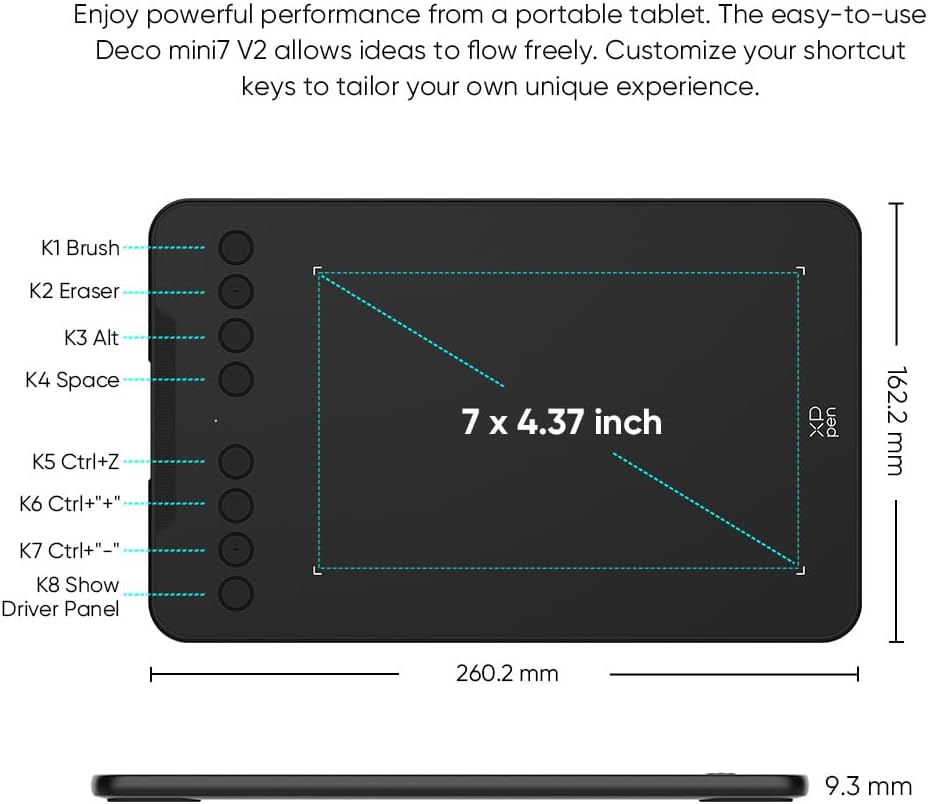 XPPen Deco mini7 v2 Grafiktablett, Grafik-Tablet, 17,8 cm (7 Zoll), ohne Anfänger, 16 K Druckstufen,