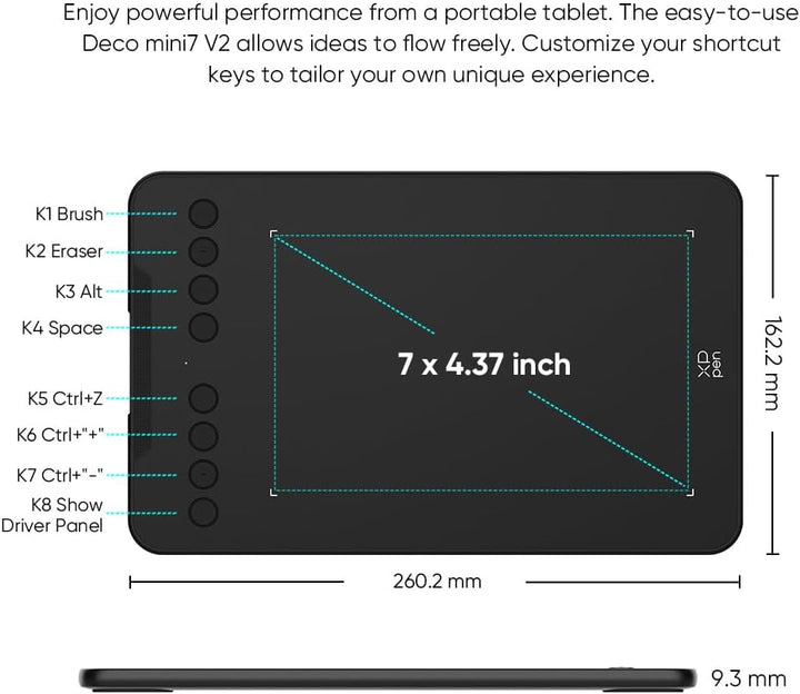XPPen Deco mini7 v2 Grafiktablett, Grafik-Tablet, 17,8 cm (7 Zoll), ohne Anfänger, 16 K Druckstufen,