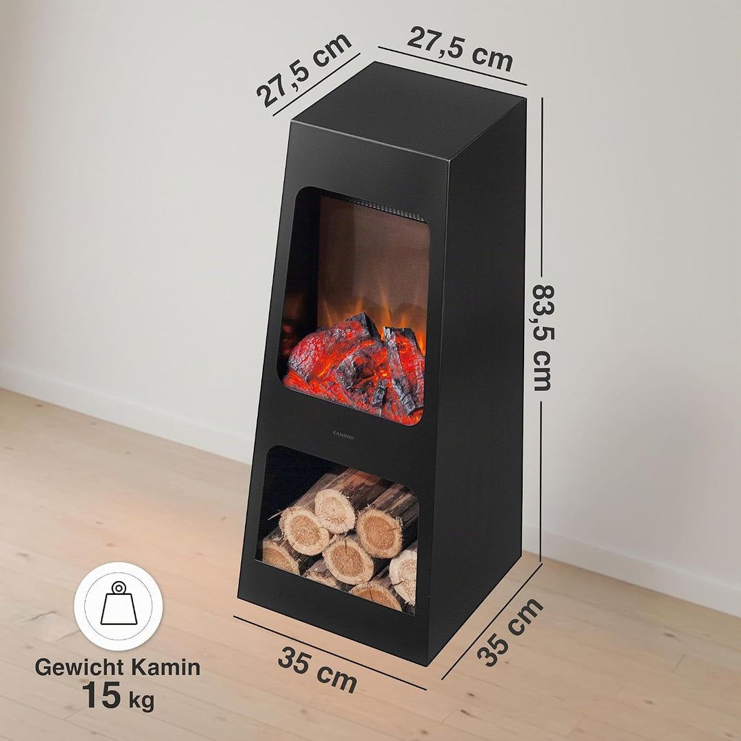 KAMINIO Elektrischer Gartenkamin Kai - Elektro Terrassenofen mit Heizung, 3D-Flammeneffekt, Holzfach