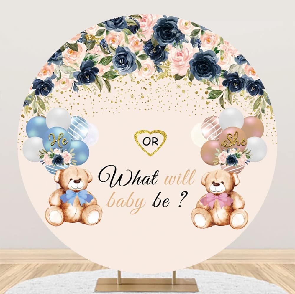 Renaiss 2m Baby Dusche Rundes Hintergrund Bear Flower Gender Reveal Fotografie Hintergrund Junge ode