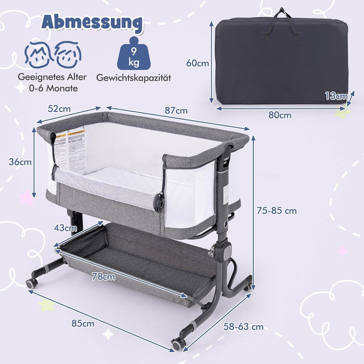 DREAMADE Beistellbett Baby, 6-stufig Höhenverstellbar Babybett mit weicher Matratze & Rollen & Trage