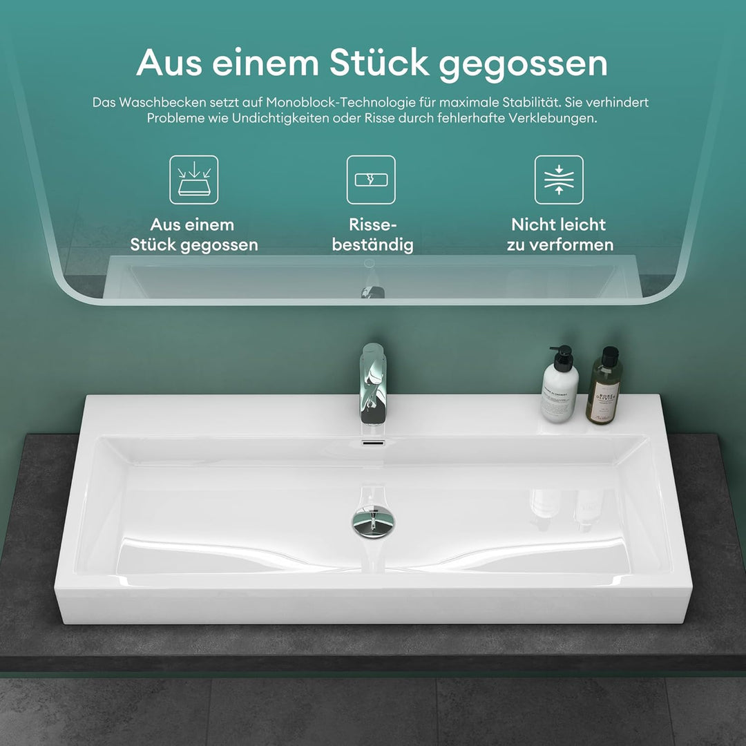 Mai &amp; Mai Breite: 60cm Waschbecken Aufsatz-Waschschale Hänge-Becken Mineralguss in weiss 1 Armaturen
