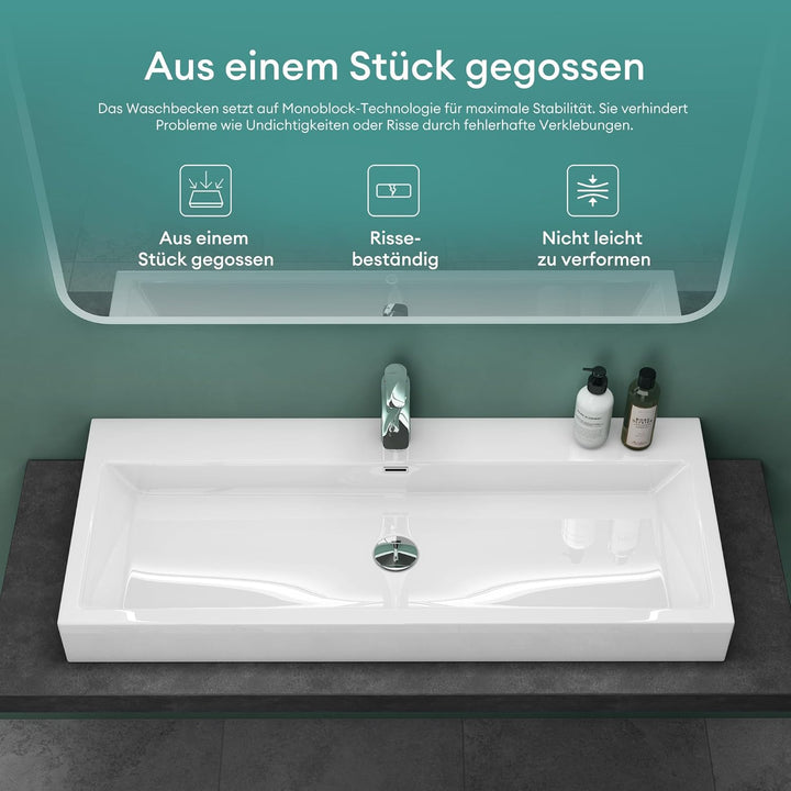 Mai &amp; Mai Breite: 60cm Waschbecken Aufsatz-Waschschale Hänge-Becken Mineralguss in weiss 1 Armaturen