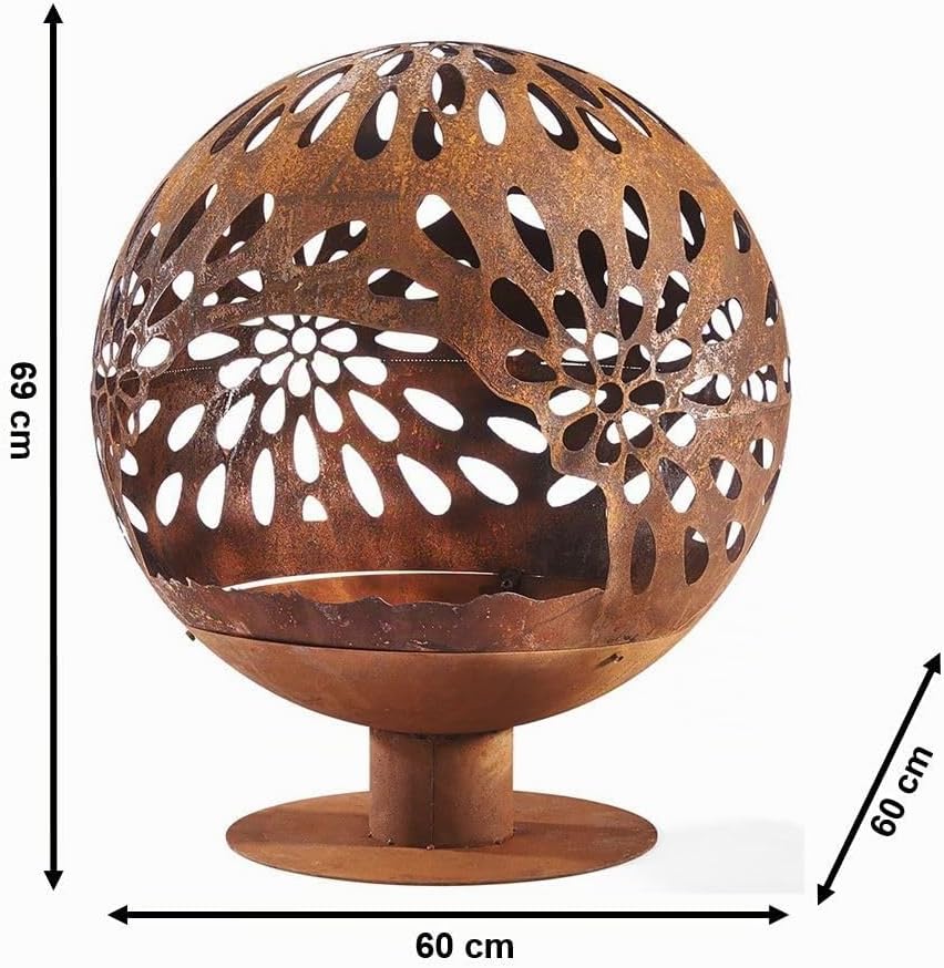 Kobolo Feuerschale Feuerkorb Bloom Kugelform 60x60x69cm Durchmesser 60cm mit Motiv - Metall Rostopti