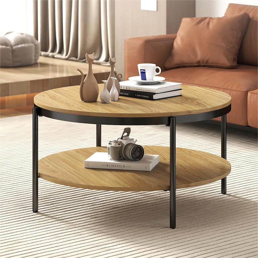 Manora Couchtisch Rund Holz, Runder wohnzimmertisch Klein 80 cm,Sofatisch mit stauraum 2 Ebenen, Eic