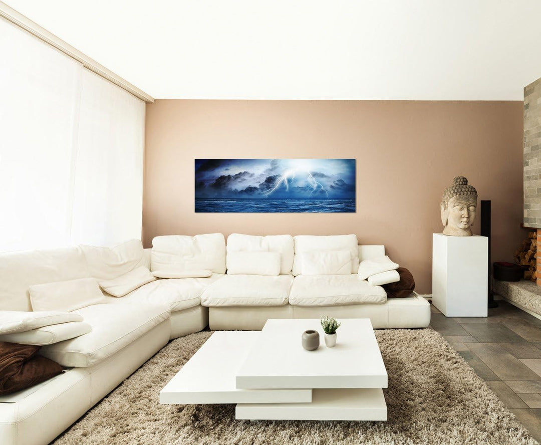 Paul Sinus Art Panoramabild auf Leinwand und Keilrahmen 150x50cm Meer Sturm Wolken Gewitter blitze N