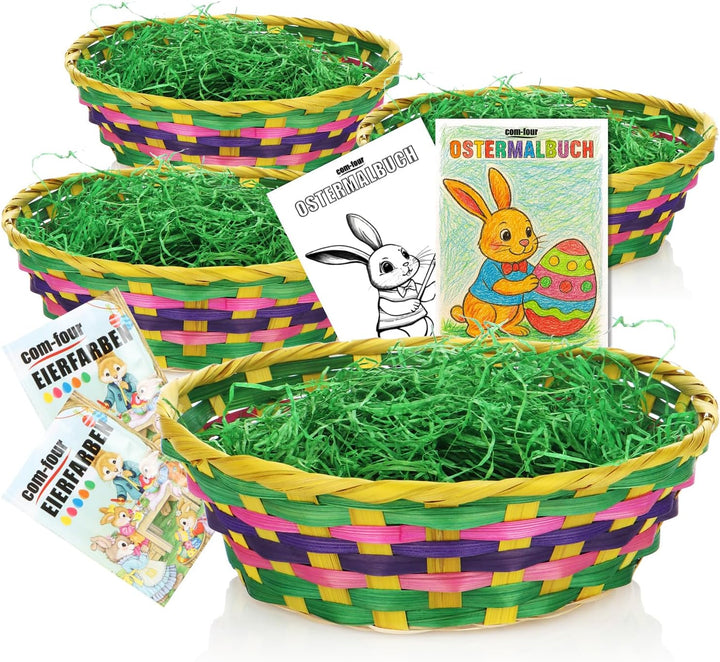 com-four® 4X Osterkörbchen mit Deko Gras und Eierfarben - Bunte Osterkörbe aus Bast mit grünem Gras