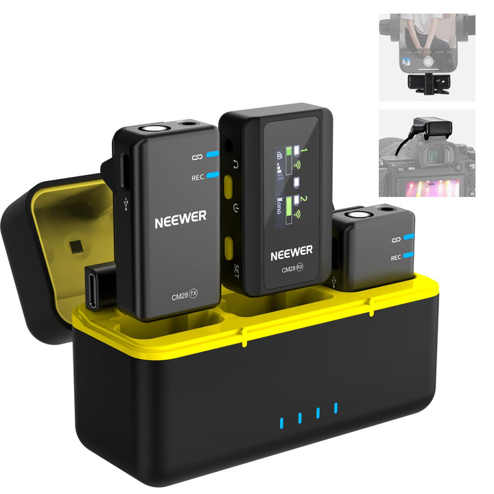 NEEWER CM28 Kabelloses Lavalier Mikrofonsystem mit Ladeetui, 1 klick Rauschunterdrückung, 4GB Speich