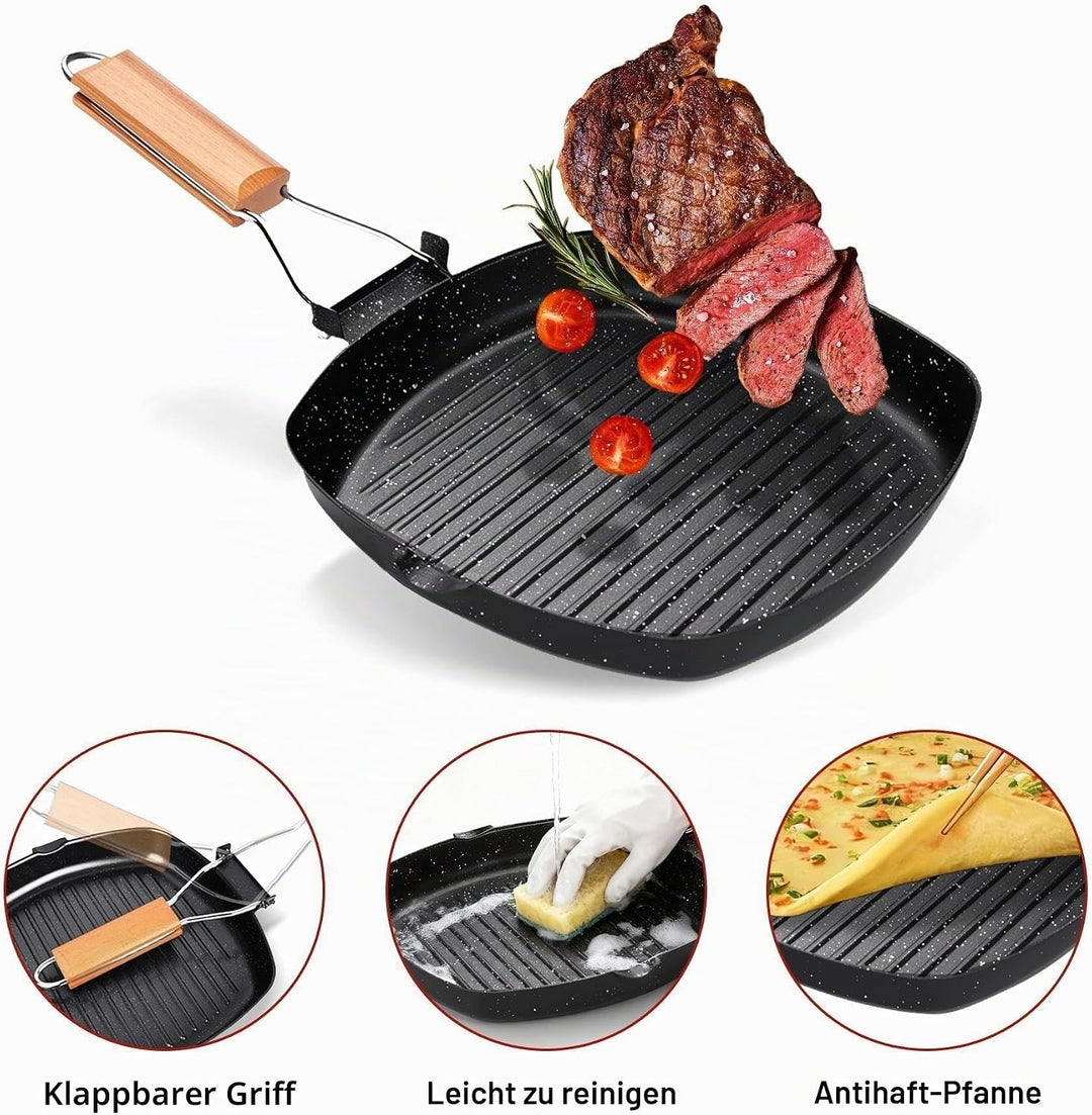 Antihaft-Grillpfanne Mit Klappbarer, 28 x 28 cm Steakpfanne, Grillpfanne Pfanne Maifan Stone Square