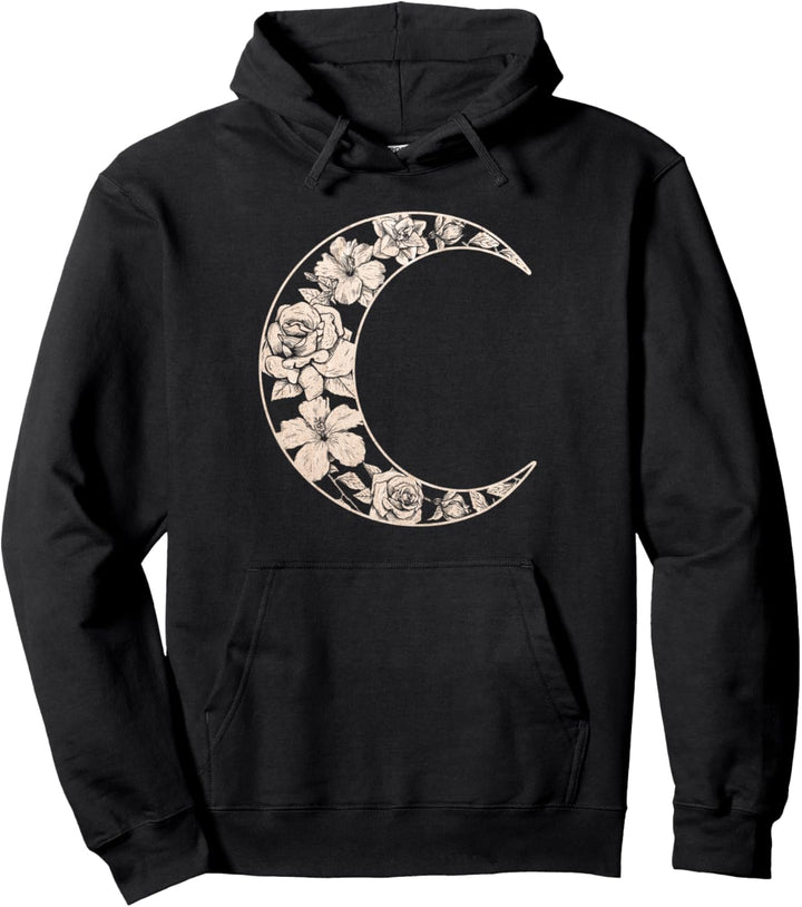 Trendy Floral Moon Outline Pullover Hoodie