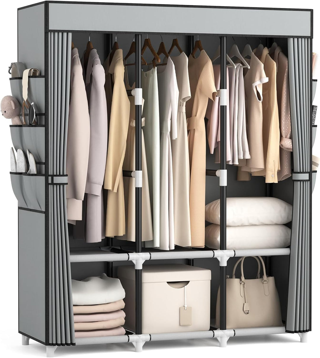 Kleiderschrank, Stoffschrank, Kleiderschränke mit Abdeckung, 3 Kleiderstangen, 6 Ablageflächen und S