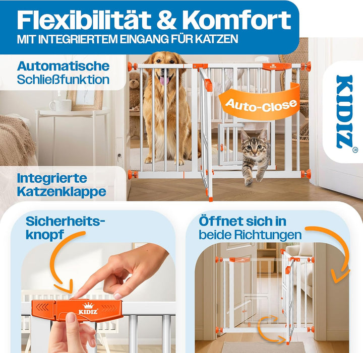 KIDIZ Absperrgitter zum Klemmen mit Katzenklappe, Türschutzgitter, Autoclose Kinder Treppengitter oh