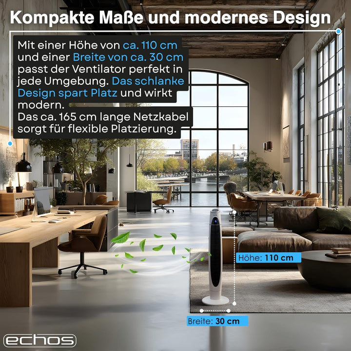 Echos Turmventilator | 3 Stufen | 3 Modi | 60 Watt | 8 Timer | Luftkühler | Fernbedienung | LED-Leuc