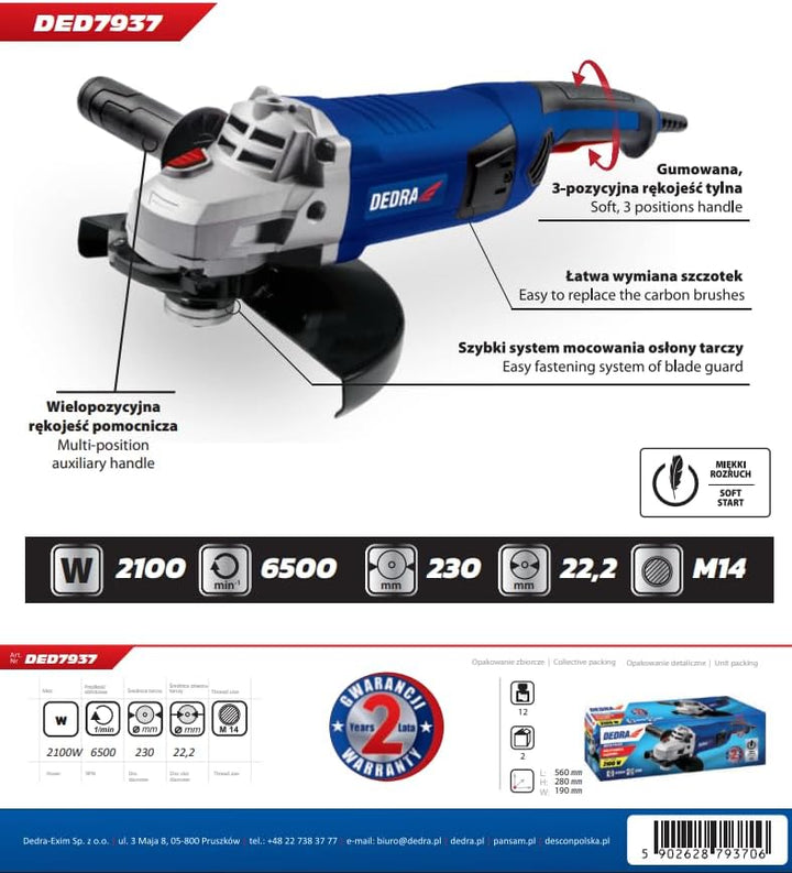 DEDRA Winkelschleifer DED7937 mit Sanftanlaufsystem Ø 230mm, stark 2100W, hohe Geschwindigkeit 6500
