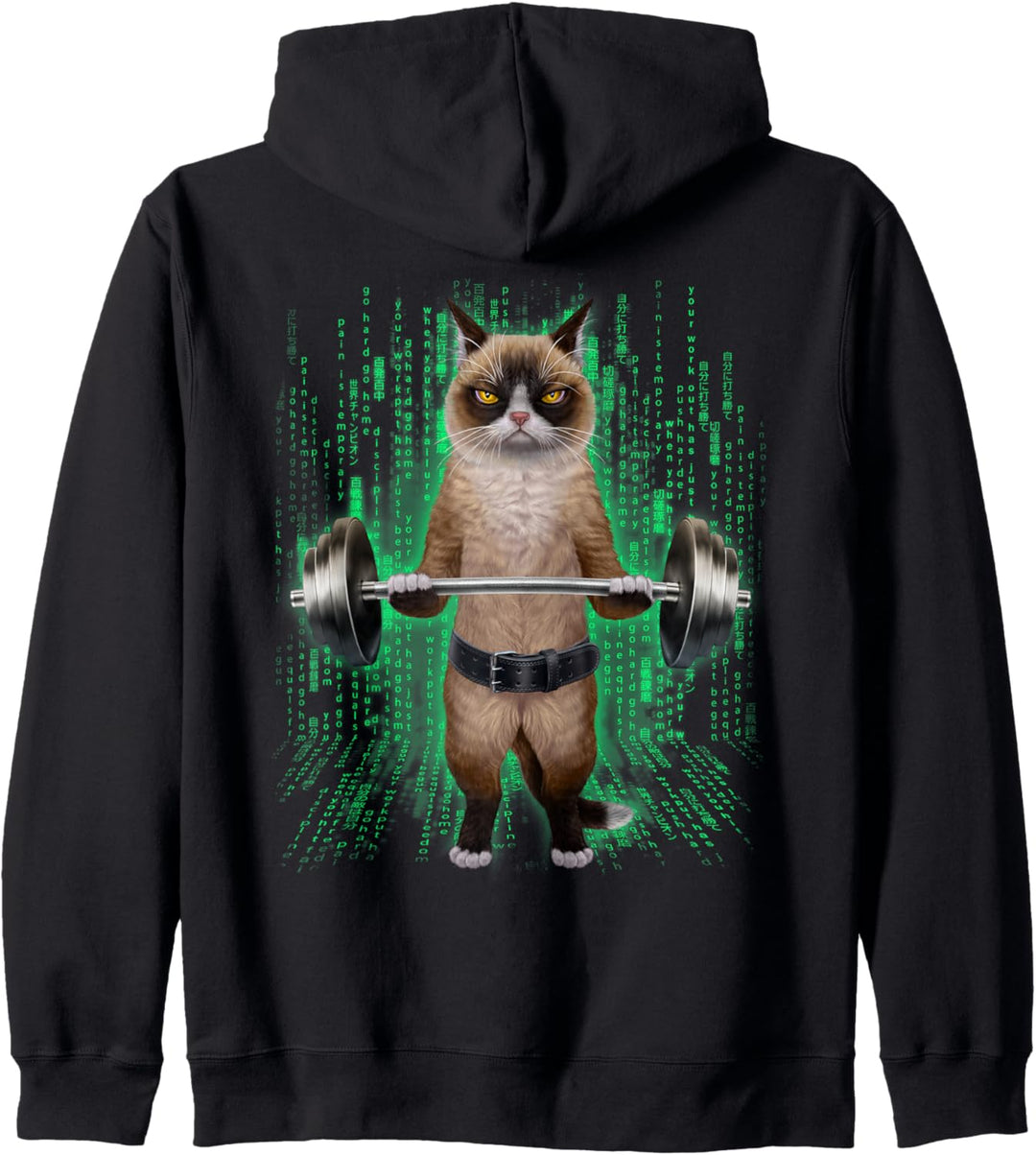 Siamesische Katze, die Gewichte im Cyber-Fitnessstudio hebt Kapuzenjacke