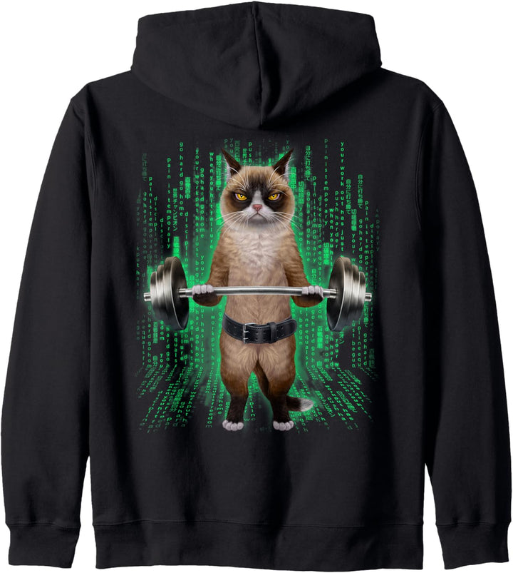 Siamesische Katze, die Gewichte im Cyber-Fitnessstudio hebt Kapuzenjacke