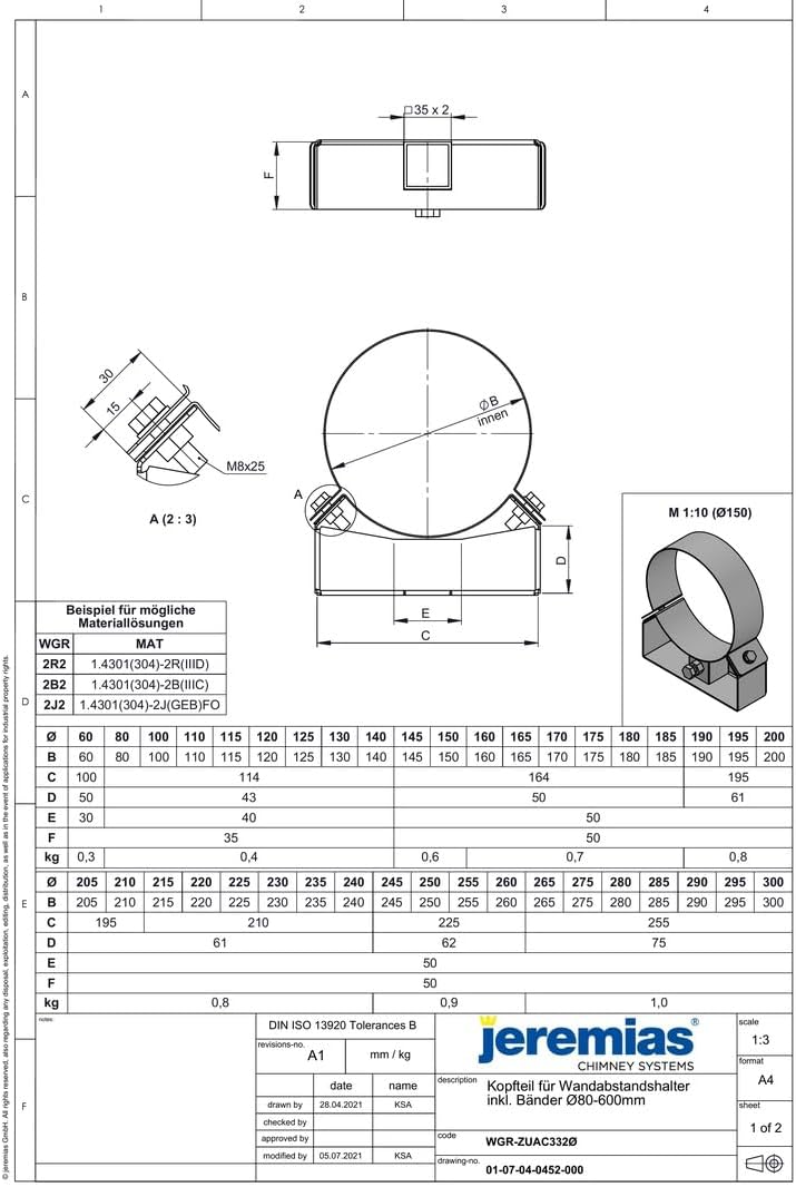 Jeremias DW-FU Kopfteil Wandhalter Ø 100 mm Edelstahl doppelwandig Abgassystem CE-zertifiziert flexi