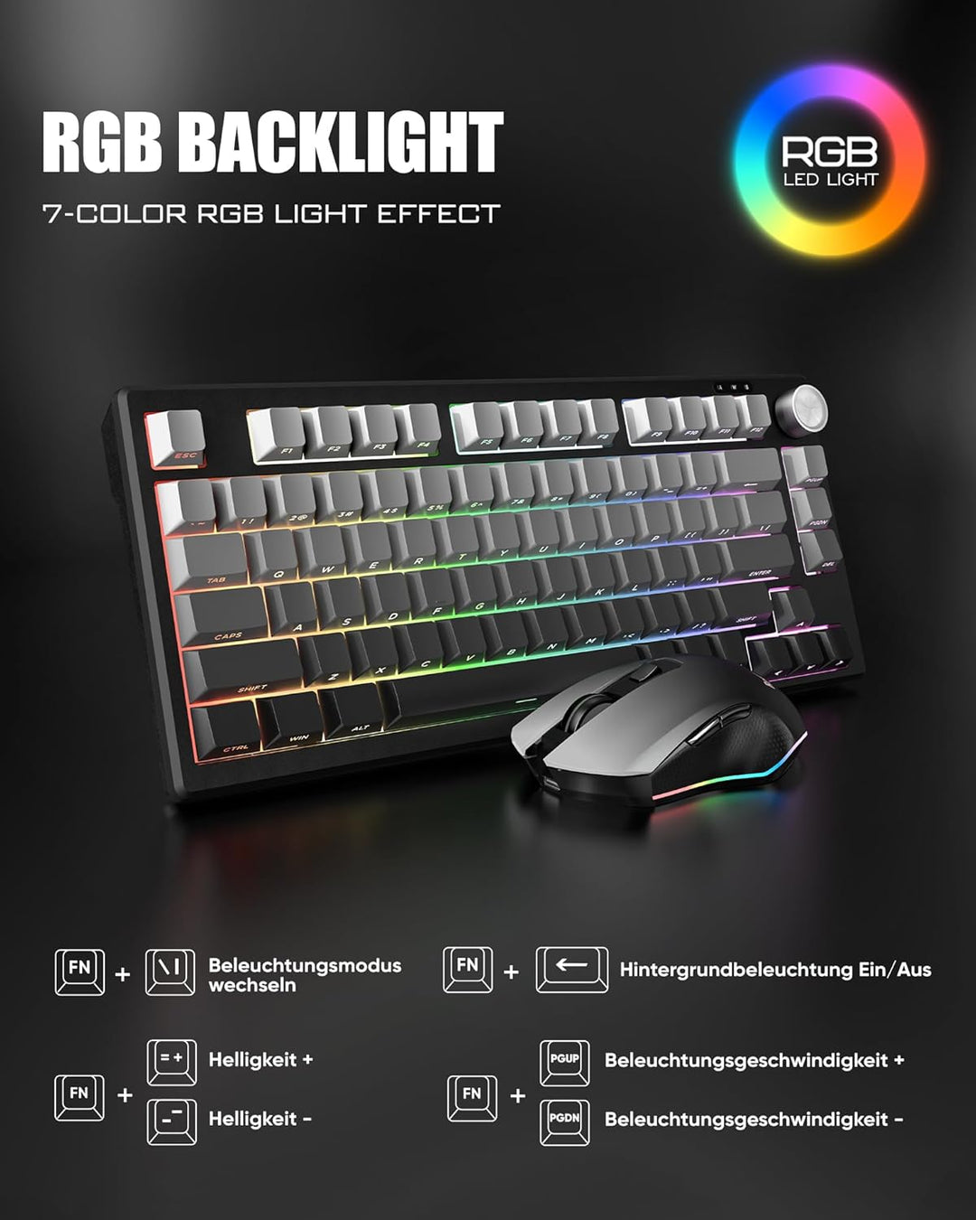RedThunder K75 Gaming Tastatur und Maus Set Kabellos, 75% US Layout, Seitliche TKL Membrantastatur,
