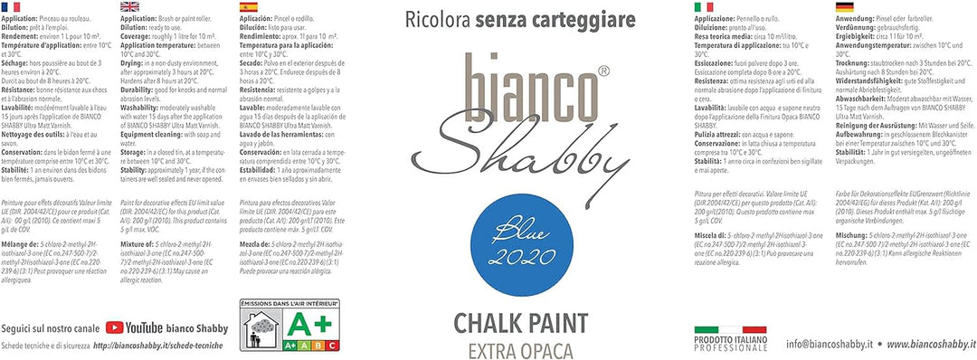 bianco Shabby® Blue 2020 Kreidefarbe Wasserbasis für Alle Oberflächen einfach zu verarbeiten ohne sc
