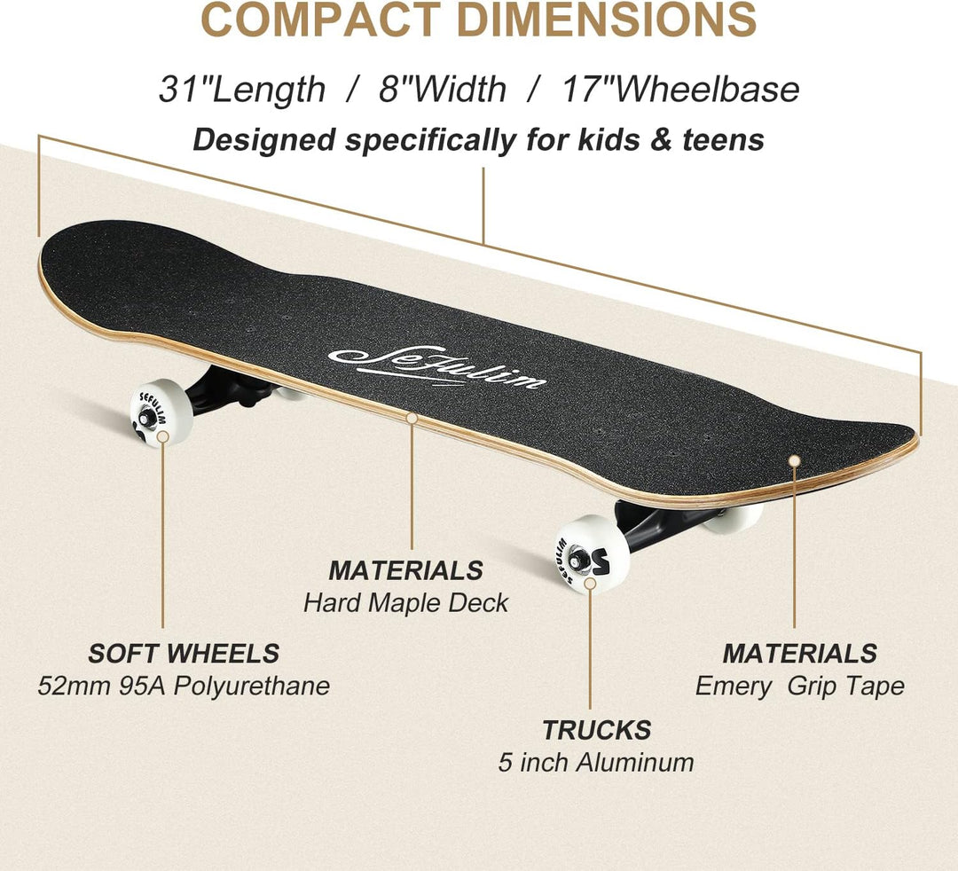 Sefulim Skateboard Adult Komplettboard 31 x 8 Zoll£¬ mit ABEC-7 Kugellager 7 Layer Ahorn f¨¹r Anf?ng
