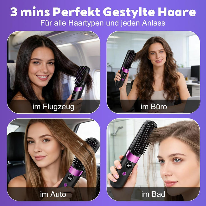Stylingbürste für Kurze Haare, Glättbürste Kabellos, USB Wiederaufladbar, Tragbare Glättungsbürste f