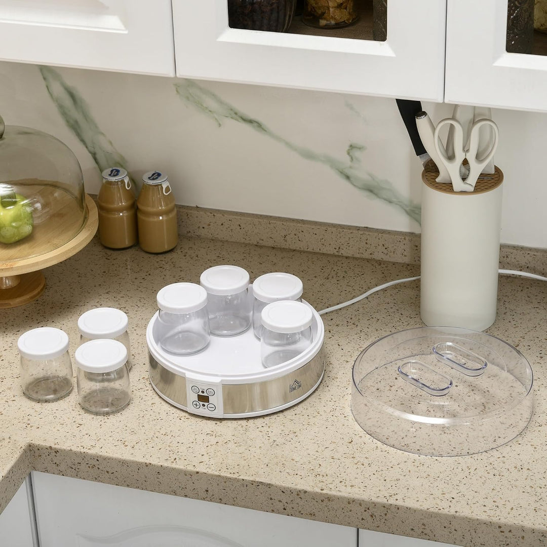 HOMCOM Joghurtbereiter Griechische Joghurtmaschine mit Deckel, 7 BPA-freier Glas-Innenbehälter à 180
