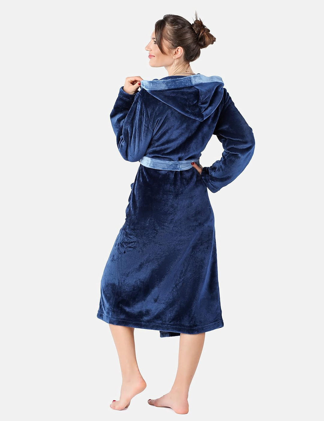 Damen Bademantel lang mit Kapuze und Gürtel BLV50-168, Dunkelblau / Blau
