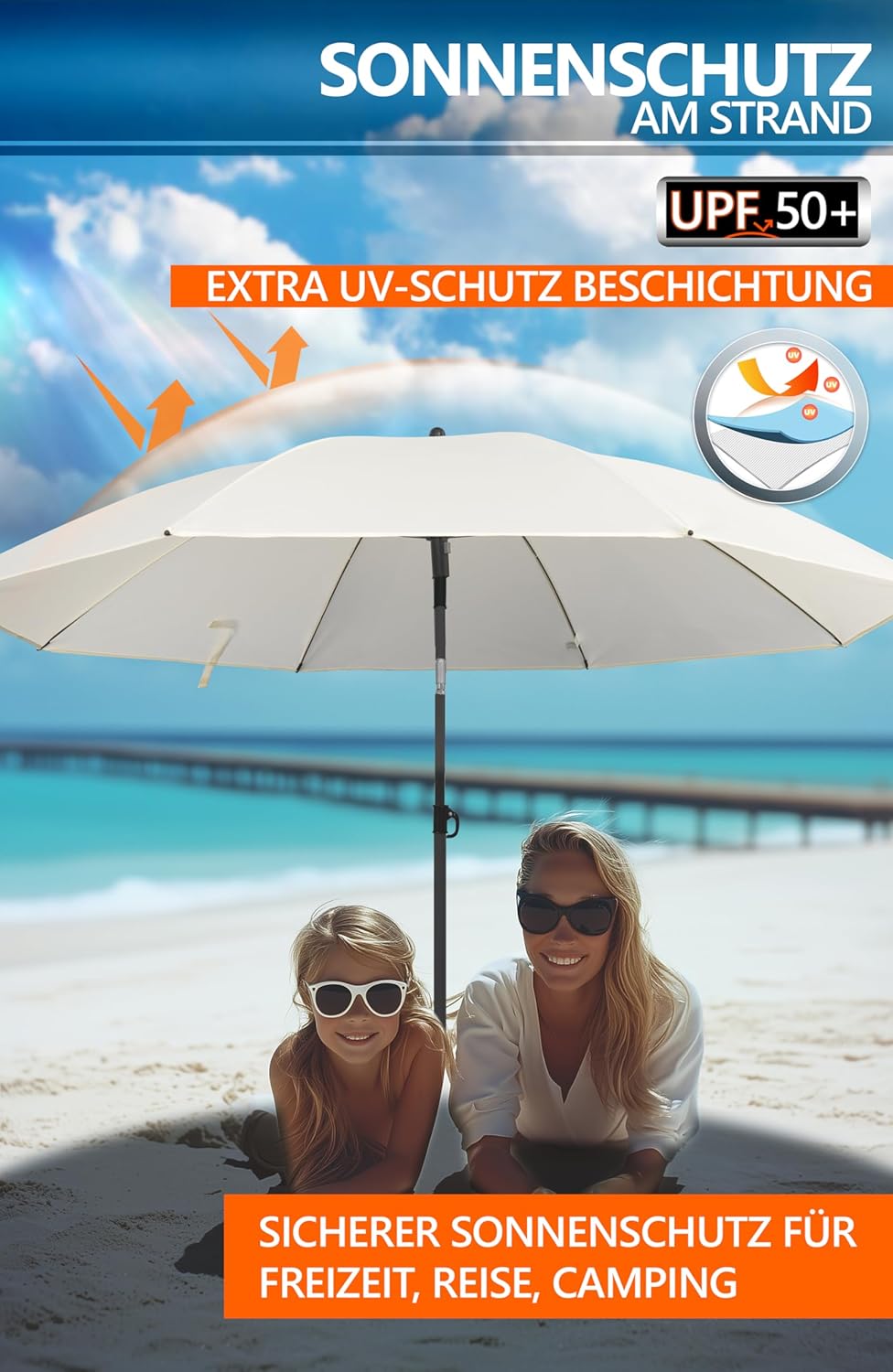 4smile Sonnenschirm Strand SunnyJoy, 3-IN-1 Set - UPF 50+ Strandschirm 160 cm + Sonnenschirm Schutzh