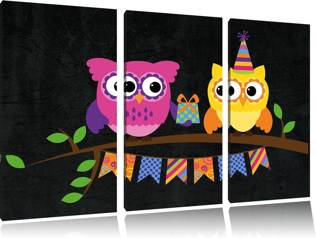 Pixxprint Eulen mit Geschenk auf AST als Leinwandbild/Grösse: 3 Teilig (120x80) cm/Wandbild/Kunstdru